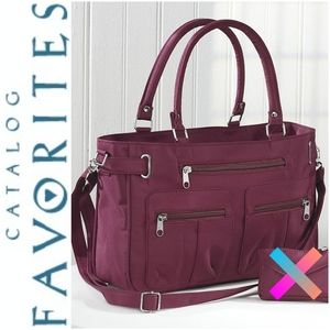 NWOT Wine Microfiber Double Strap 6-Zipper Handbag